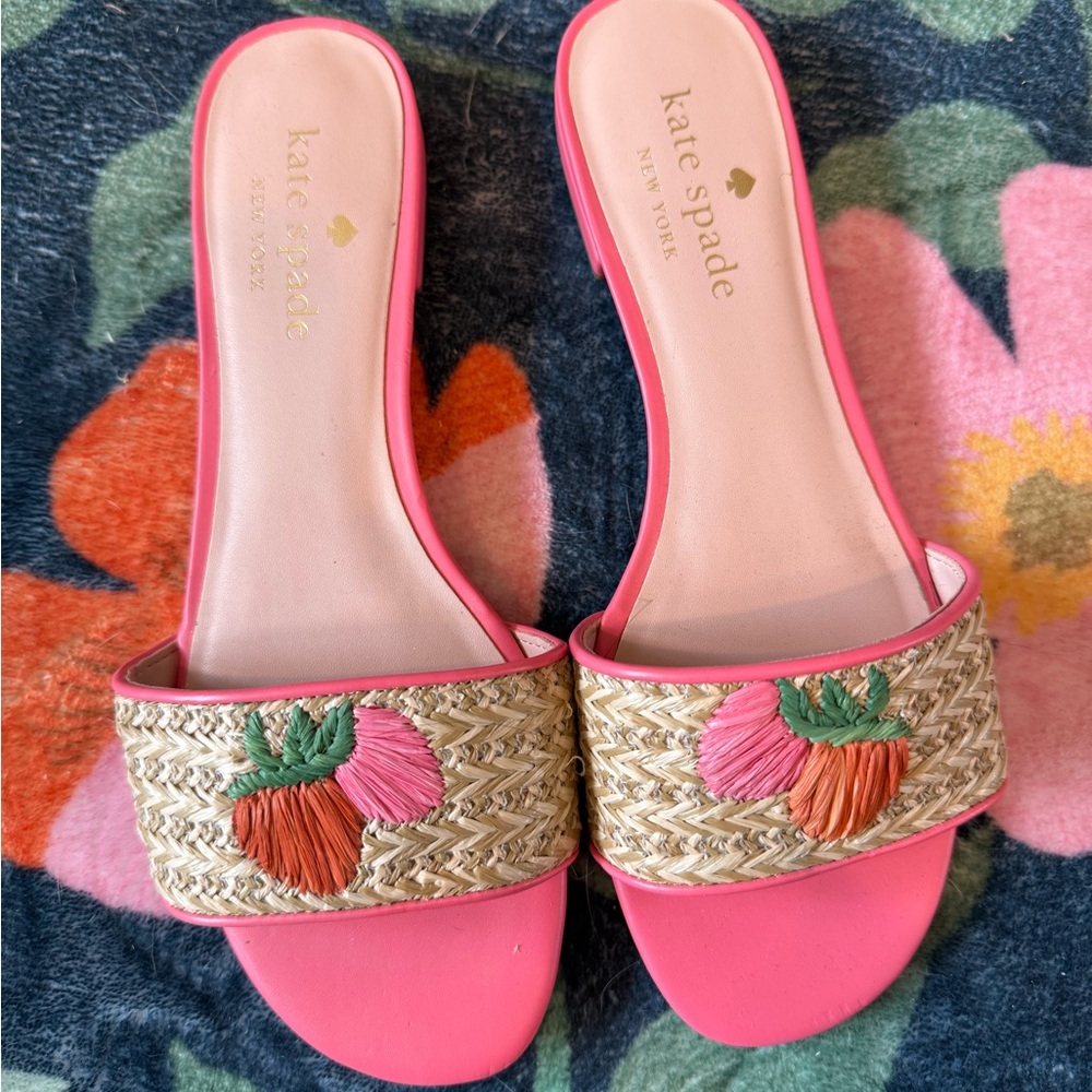 Kate Spade Pink Raffia Strawberry Embroidered Sandals